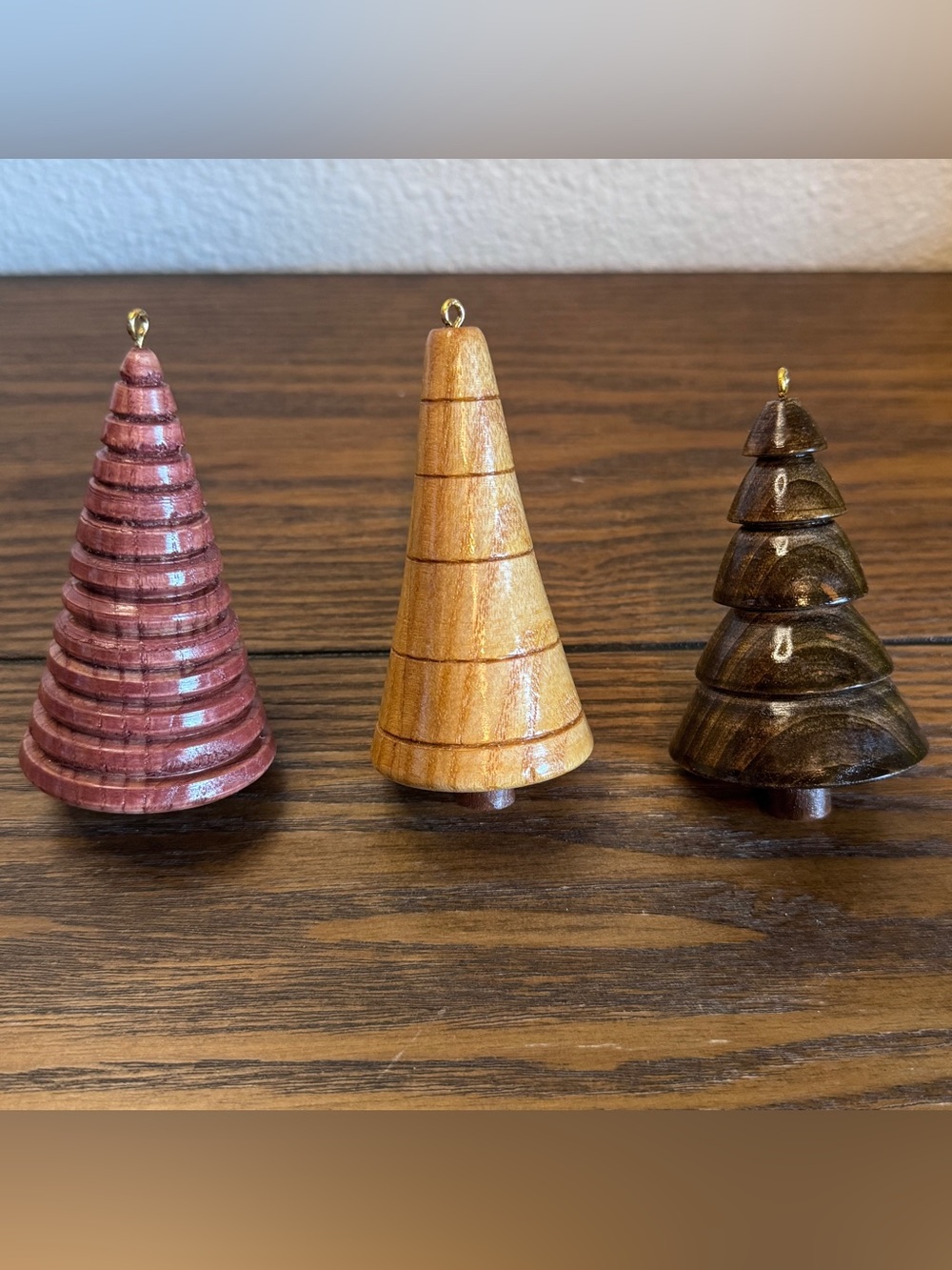 Vintage Cottagecore Hand Turned Wooden Christmas Tree Ornaments‎ Trio Set of 3